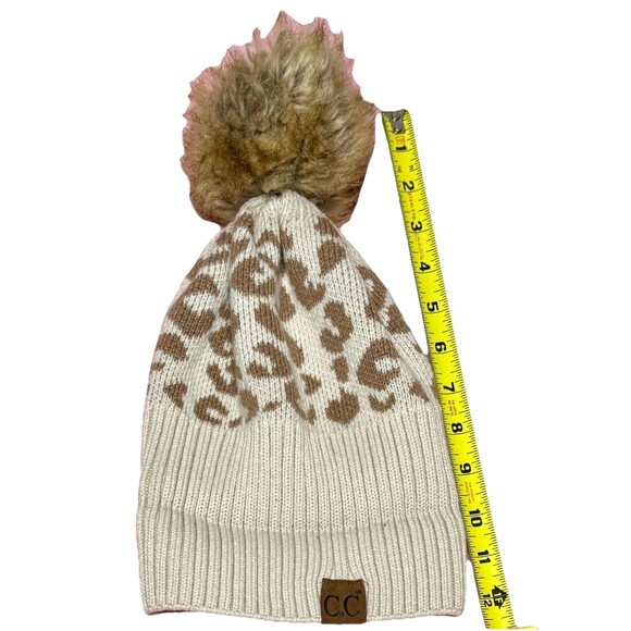 C.C. Leopard Print Knit Beanie  Faux Fur Pom Womens Winter Hat Trendy Acrylic - Picture 7 of 8